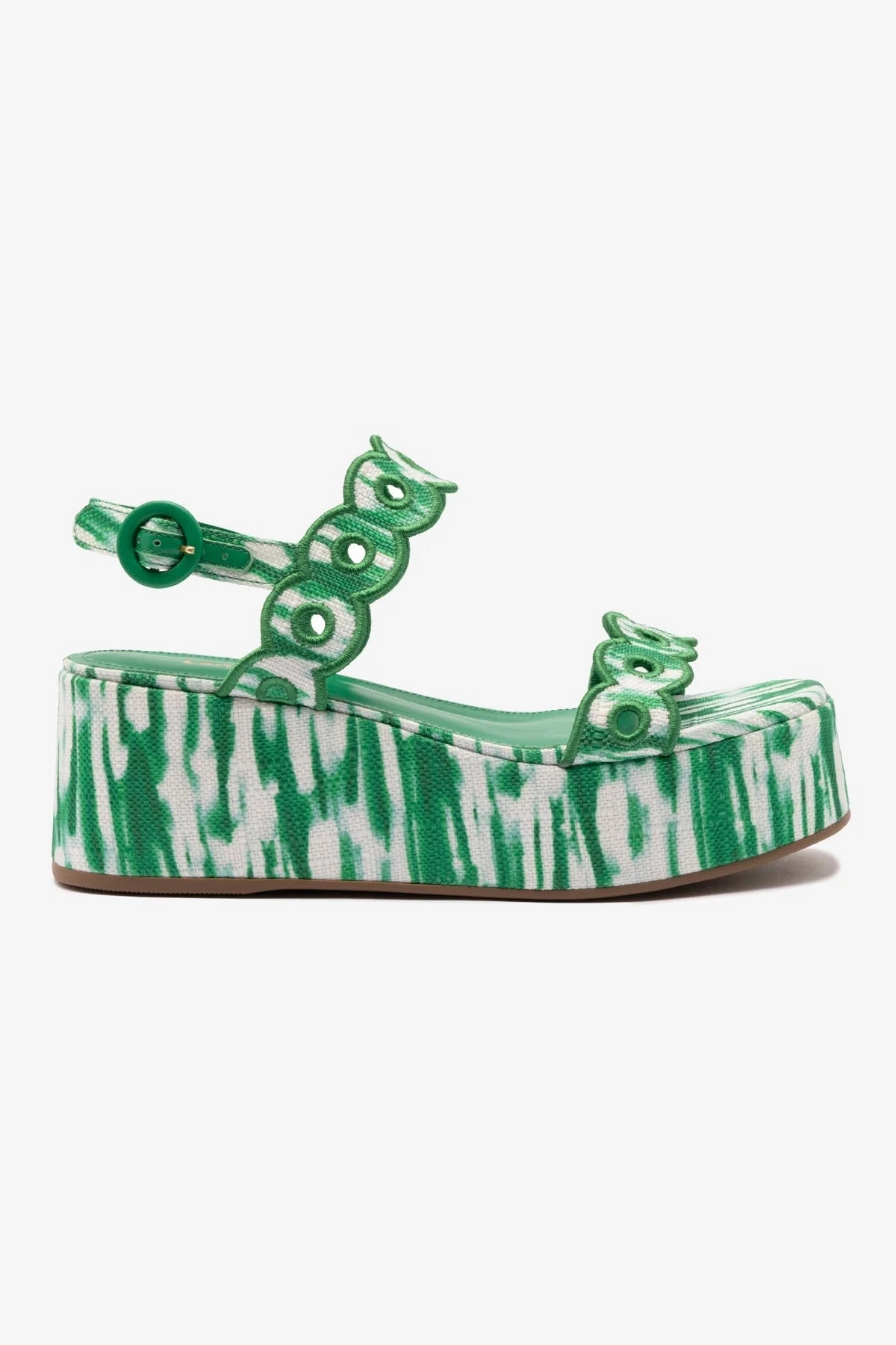 Florence Broderie Flatform Sandal In Tie Dye Evergreen Raffia Supportive Core Office Workers Low Arch