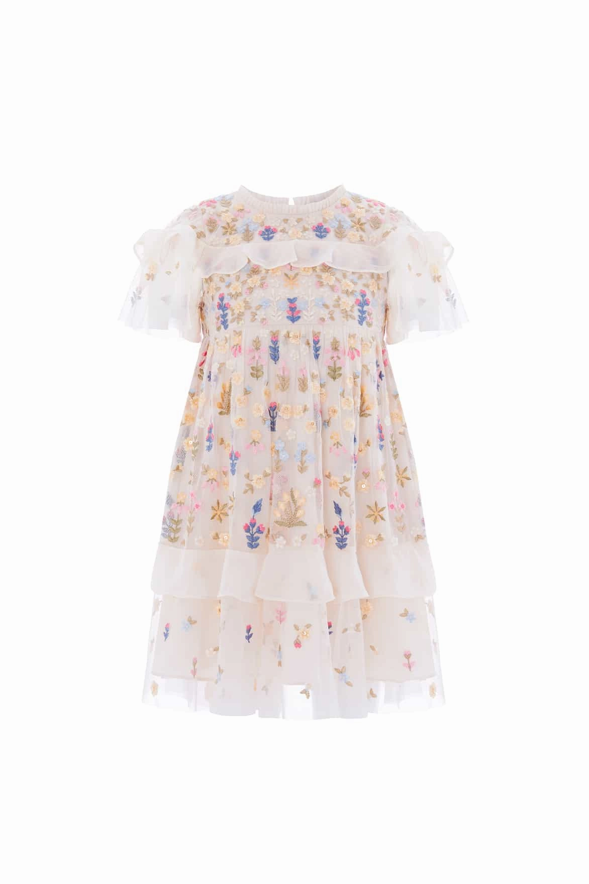 Flowerbed Embroidery Kids Dress RibbedHemline Heather Effect Finish