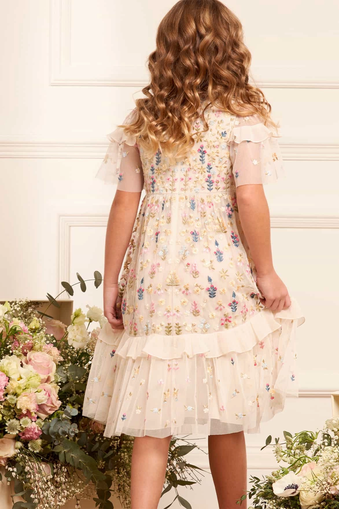 Flowerbed Embroidery Kids Dress Active Blouse SelfFabric Binding