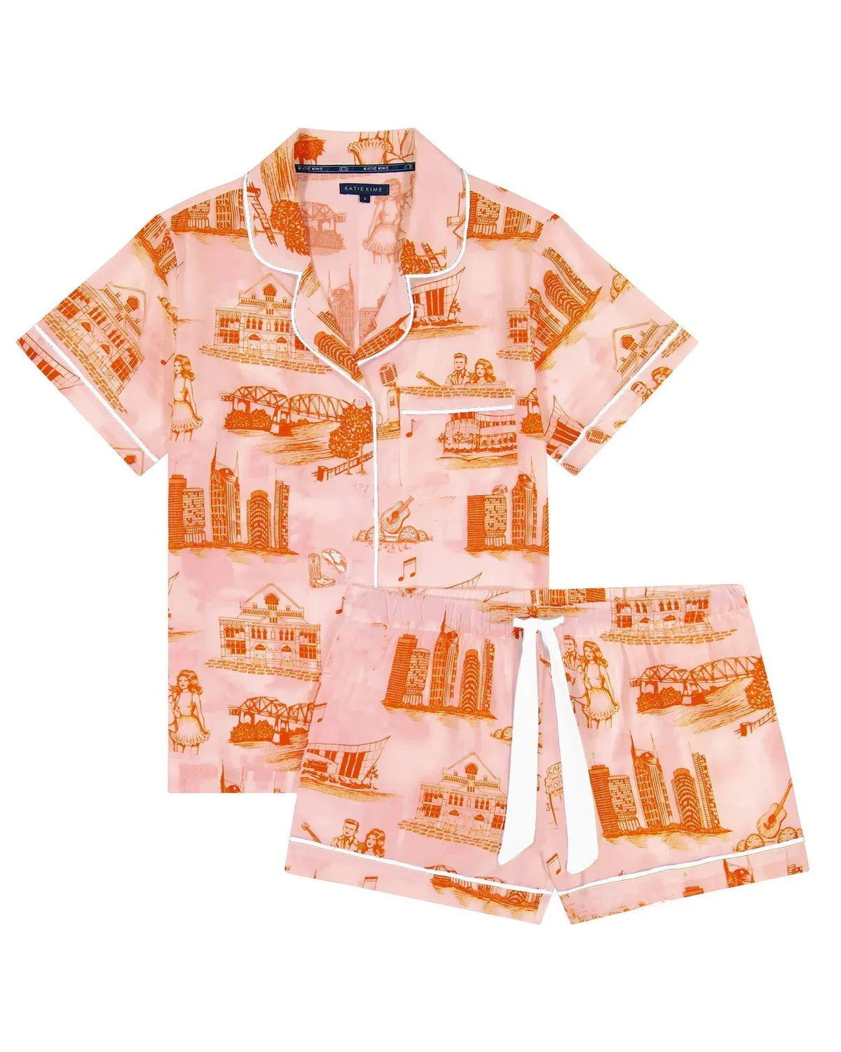 Katie Kime Nashville Toile Pajama Shorts Set in Pink Brushed Interior Lightweight Jacket