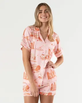 Katie Kime Nashville Toile Pajama Shorts Set in Pink Layered Shoulder ZipperedPockets
