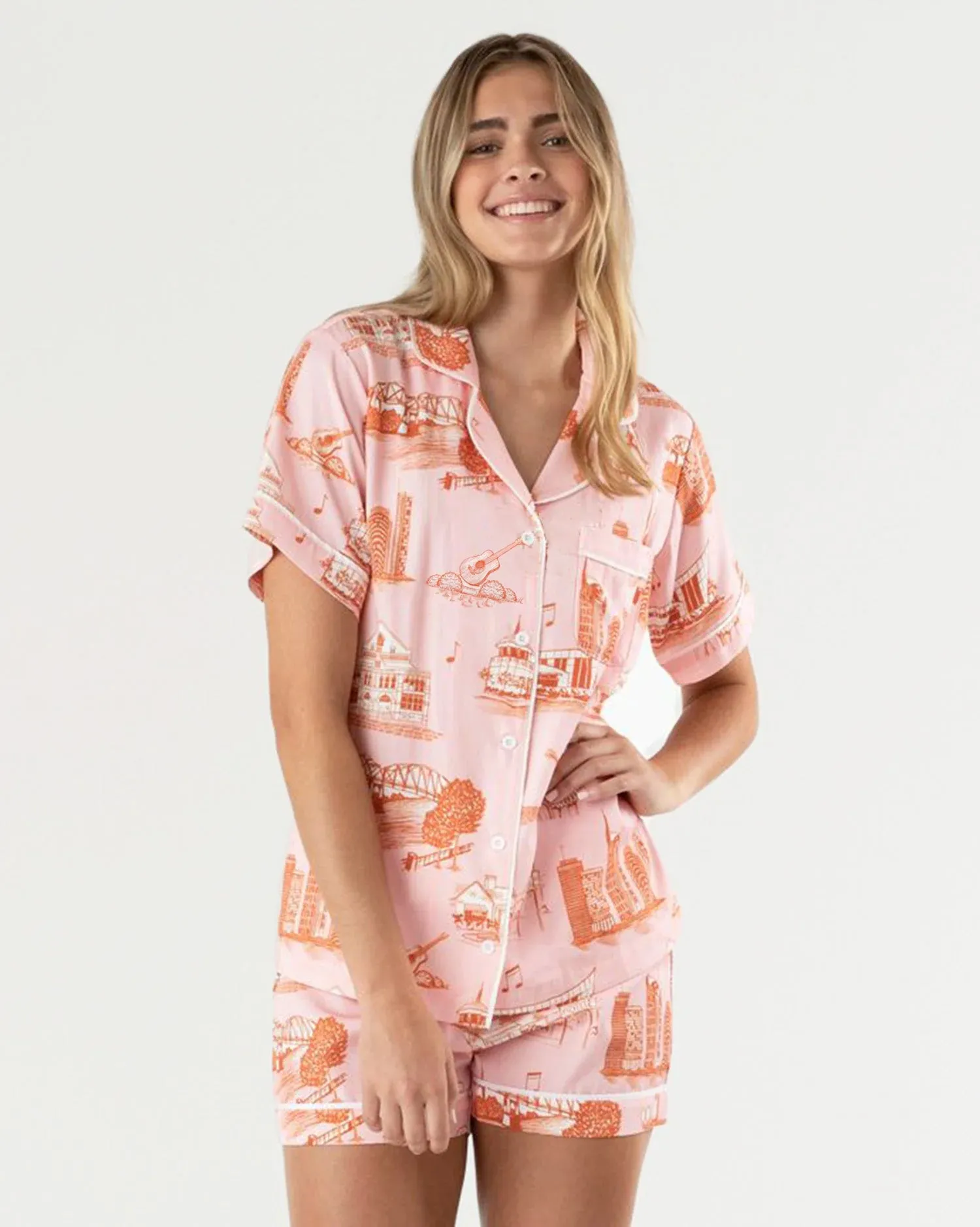 Katie Kime Nashville Toile Pajama Shorts Set in Pink Layered Shoulder ZipperedPockets