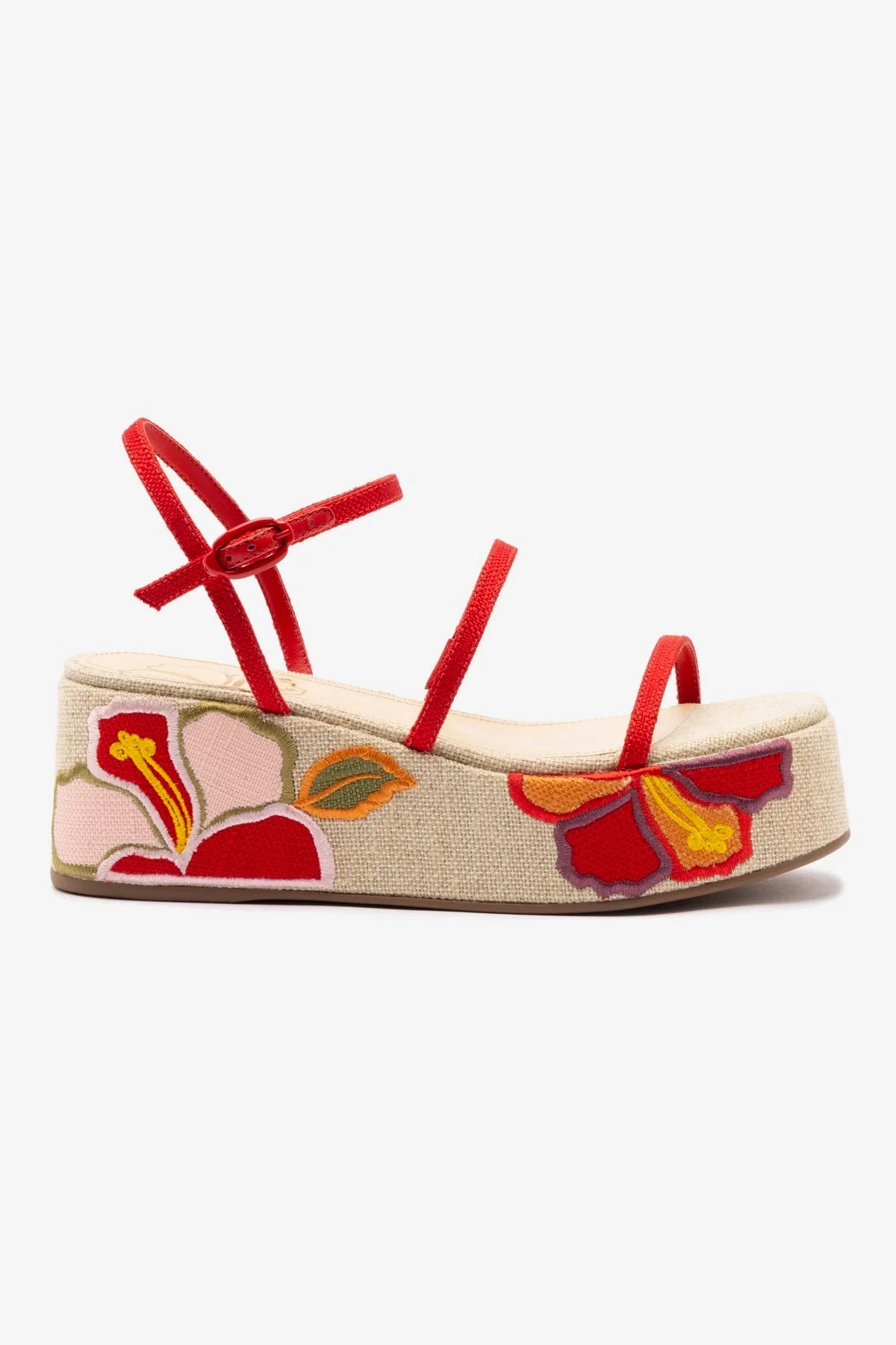 Gio Flatform Sandal In Scarlet Raffia and Hibiscus Embroidery Shine Silver