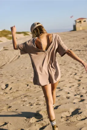 Non Chafe Armholes Contrast Stitch Free People Movement Hot Shot Tee Romper Coddy in Mocha Latte