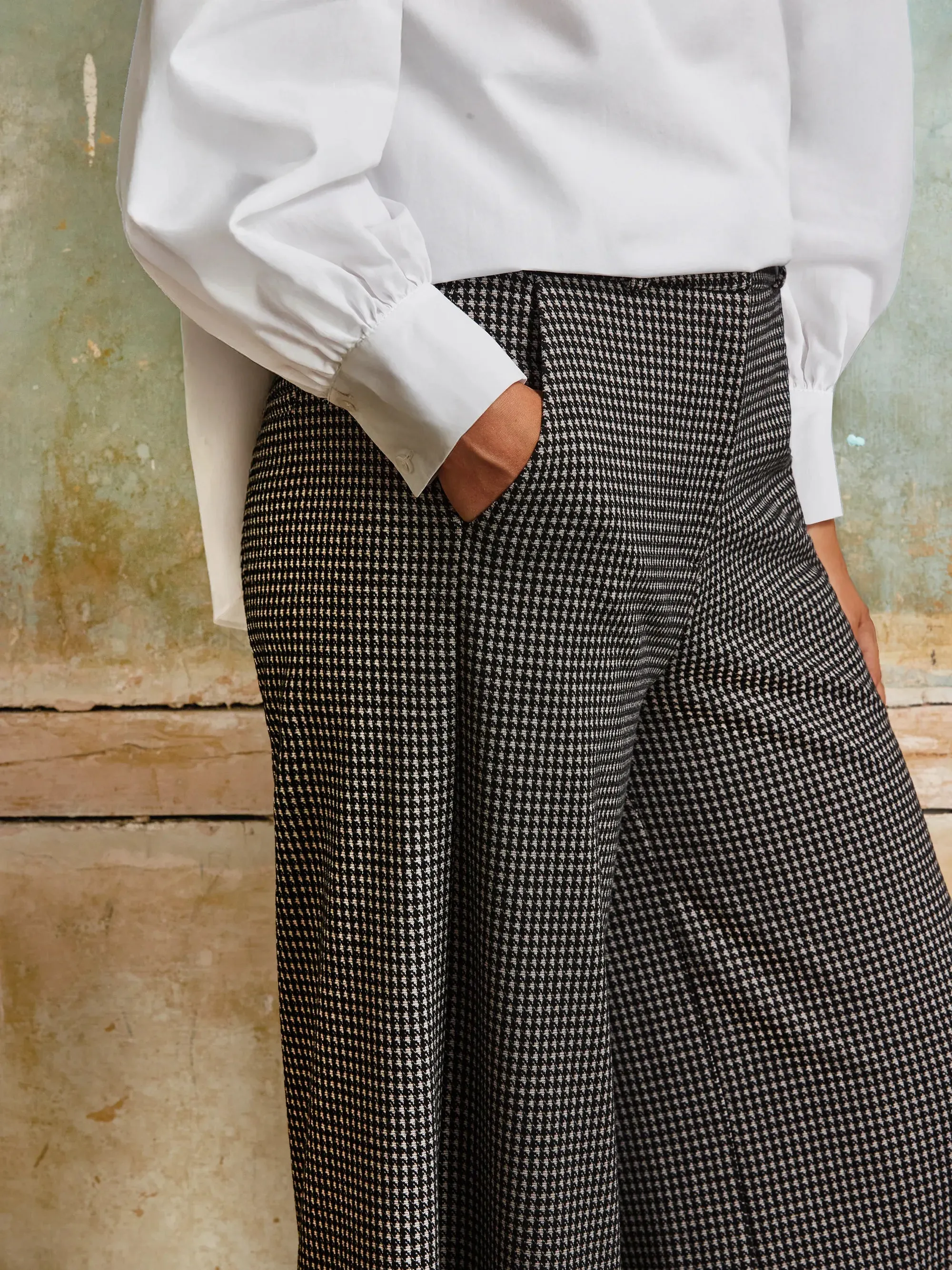 Stretch Blouse Houndstooth Tailored Wide-Leg Trousers