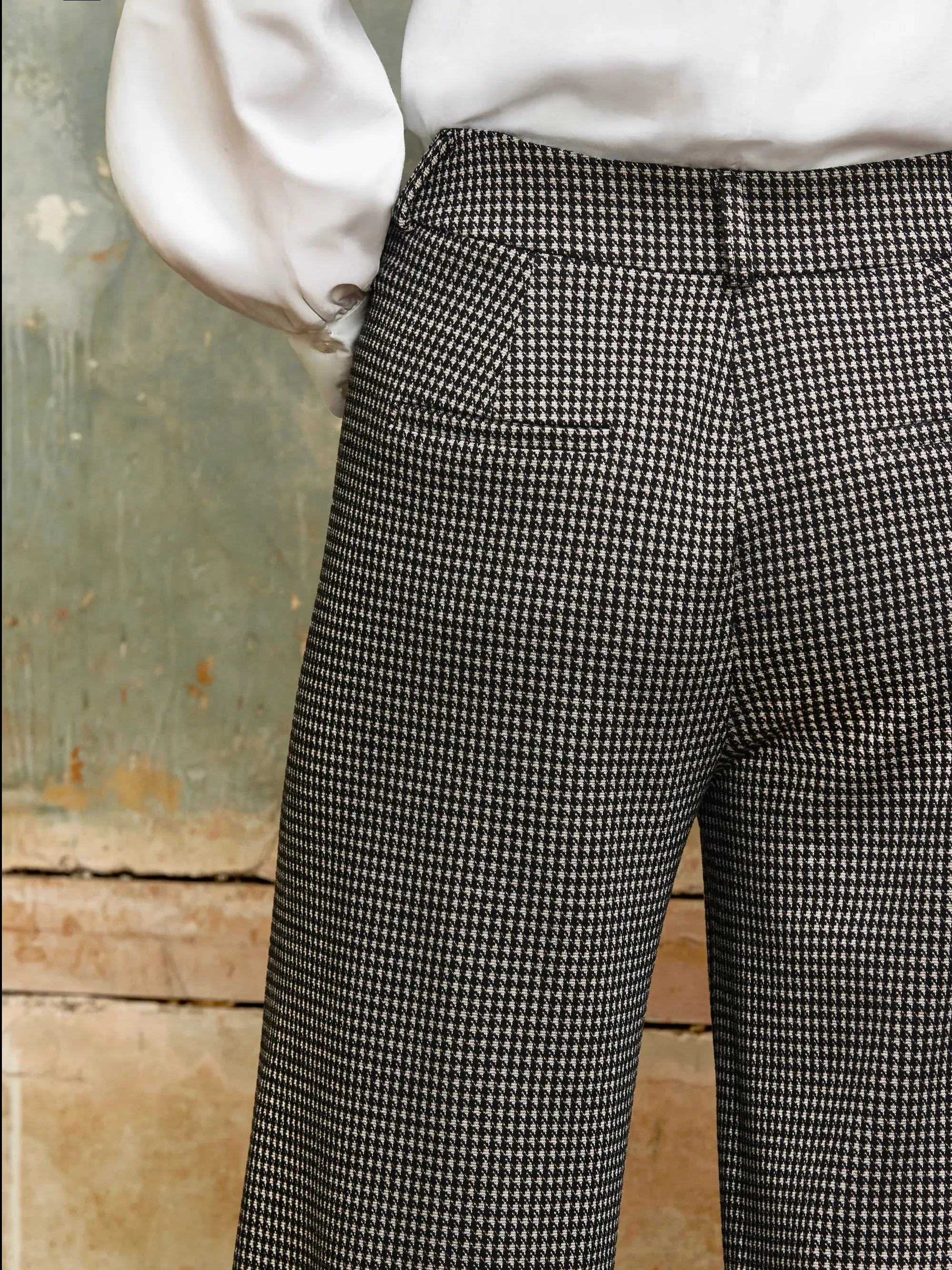 Houndstooth Tailored Wide-Leg Trousers Brushed Microfiber Surface
