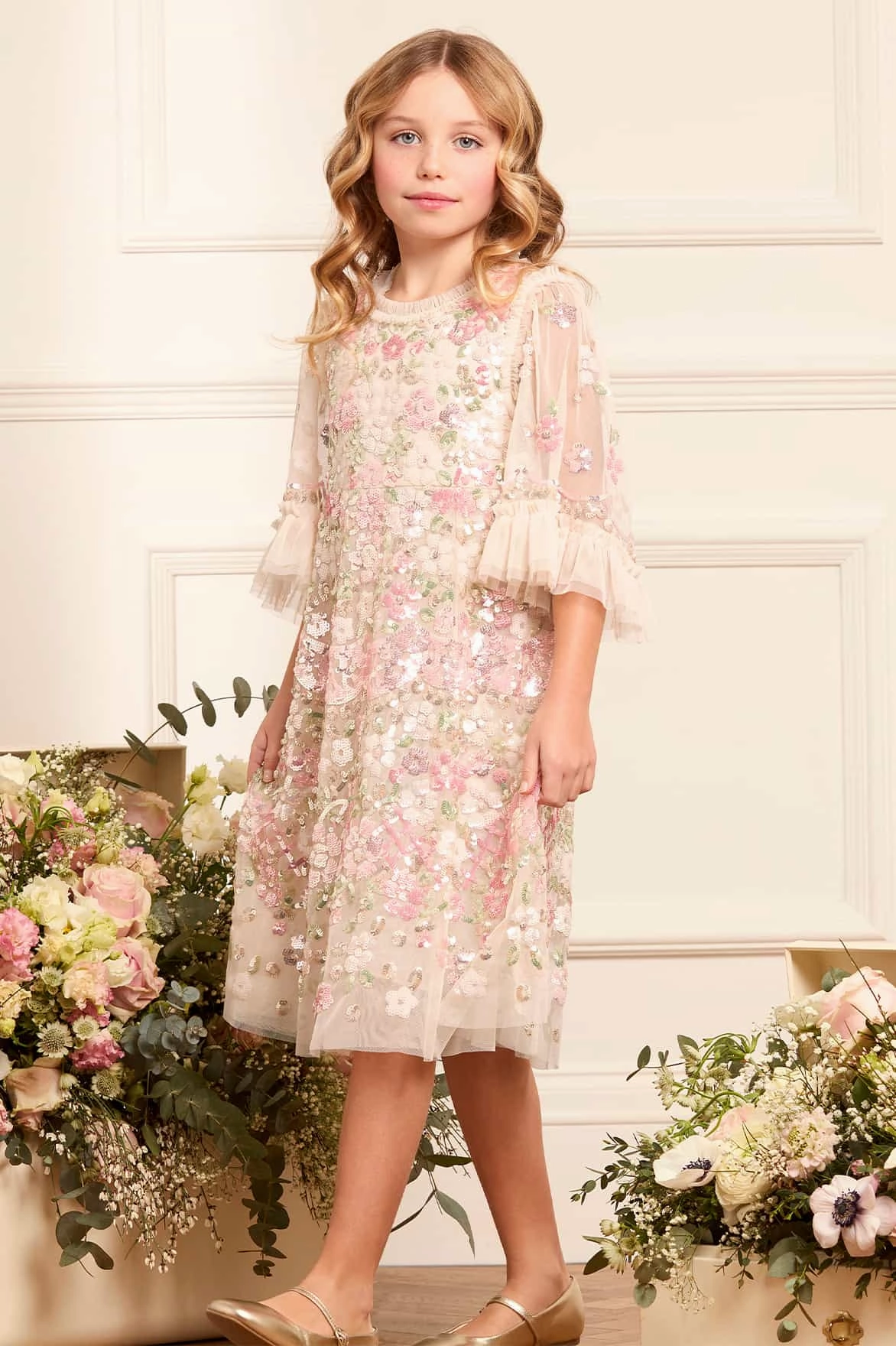 DroppedShoulder Light Reflective Printing Garden Delight Kids Dress