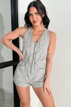 Heather Effect Finish Compression Fit Effortlessly Alluring Sleeveless Zip-Up Romper (Grey)
