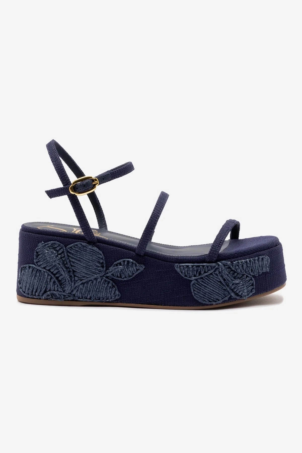 Padded Comfort Cold Weather Wide toe box Gio Flatform In Navy Raffia and Hibiscus Embroidery