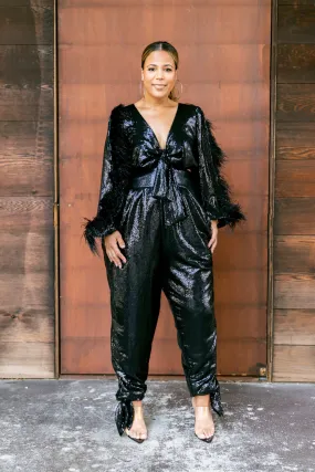 QuickDry Performance High Waist Sequin Slouch Pants  w Ankle Tie- JIBRI