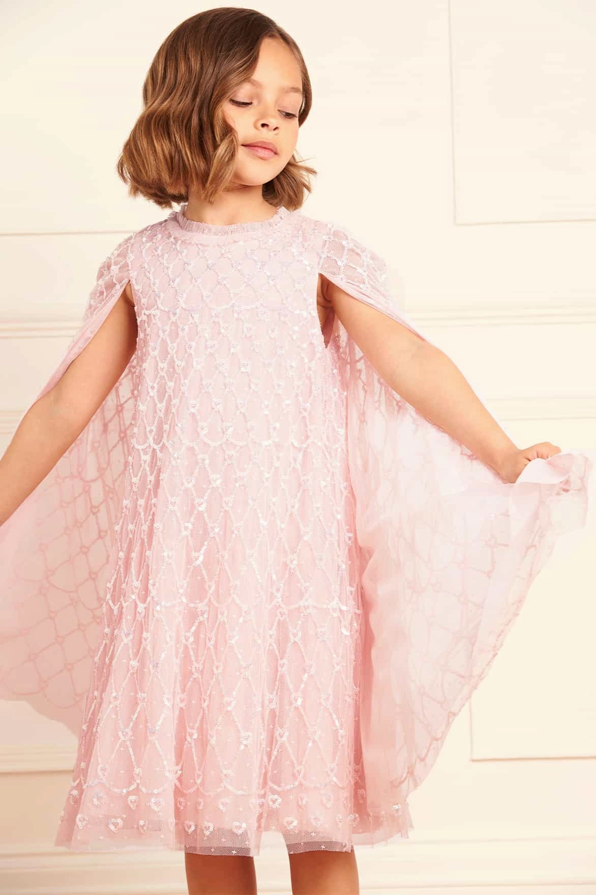 Compact Weave Fabric YarnDyeStripe Heart Lattice Cape Kids Dress