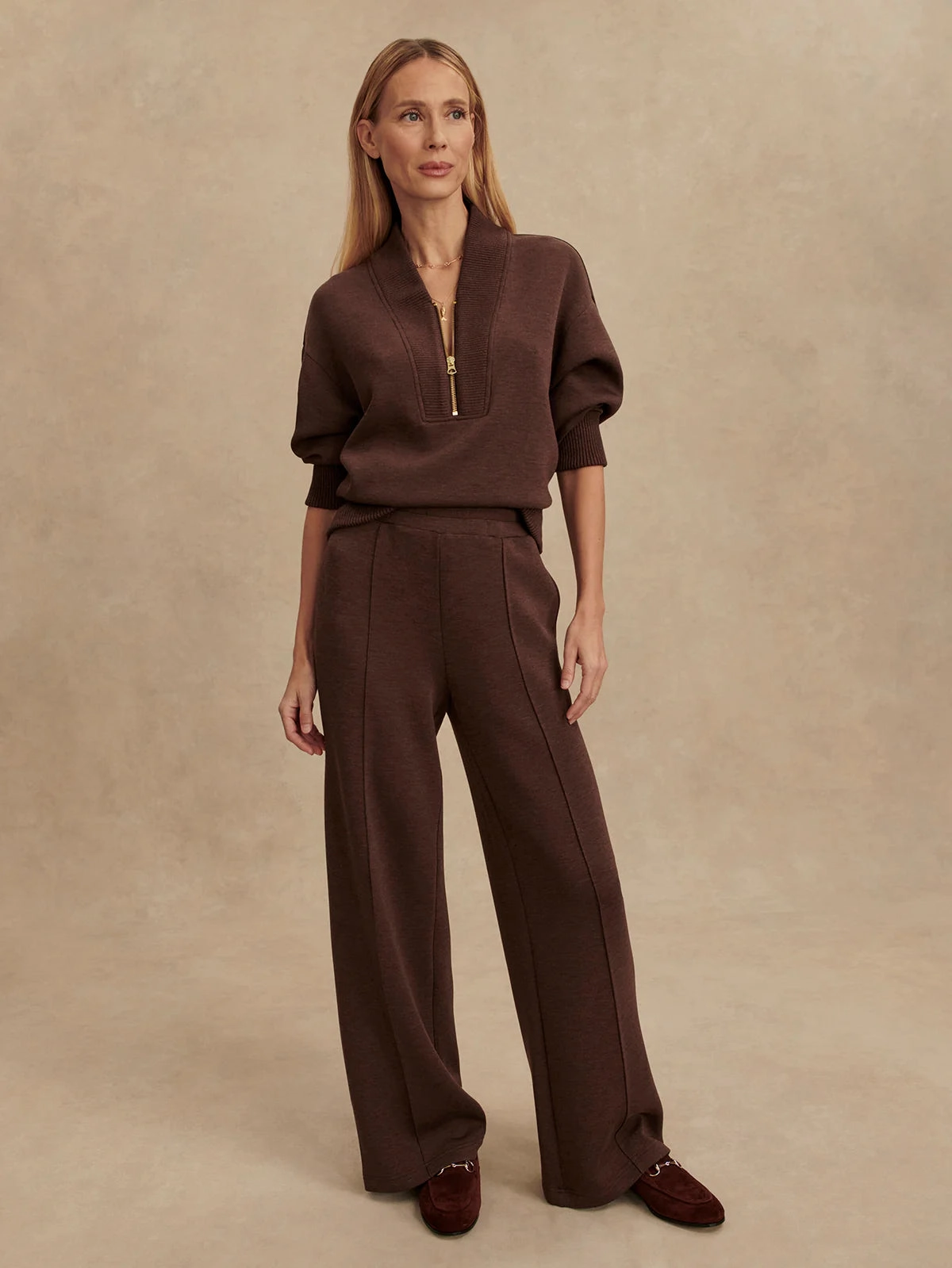 Varley The Wide Leg Pant 30" in Coffee Bean Marl Garment Washed WrinkleResistantFinish