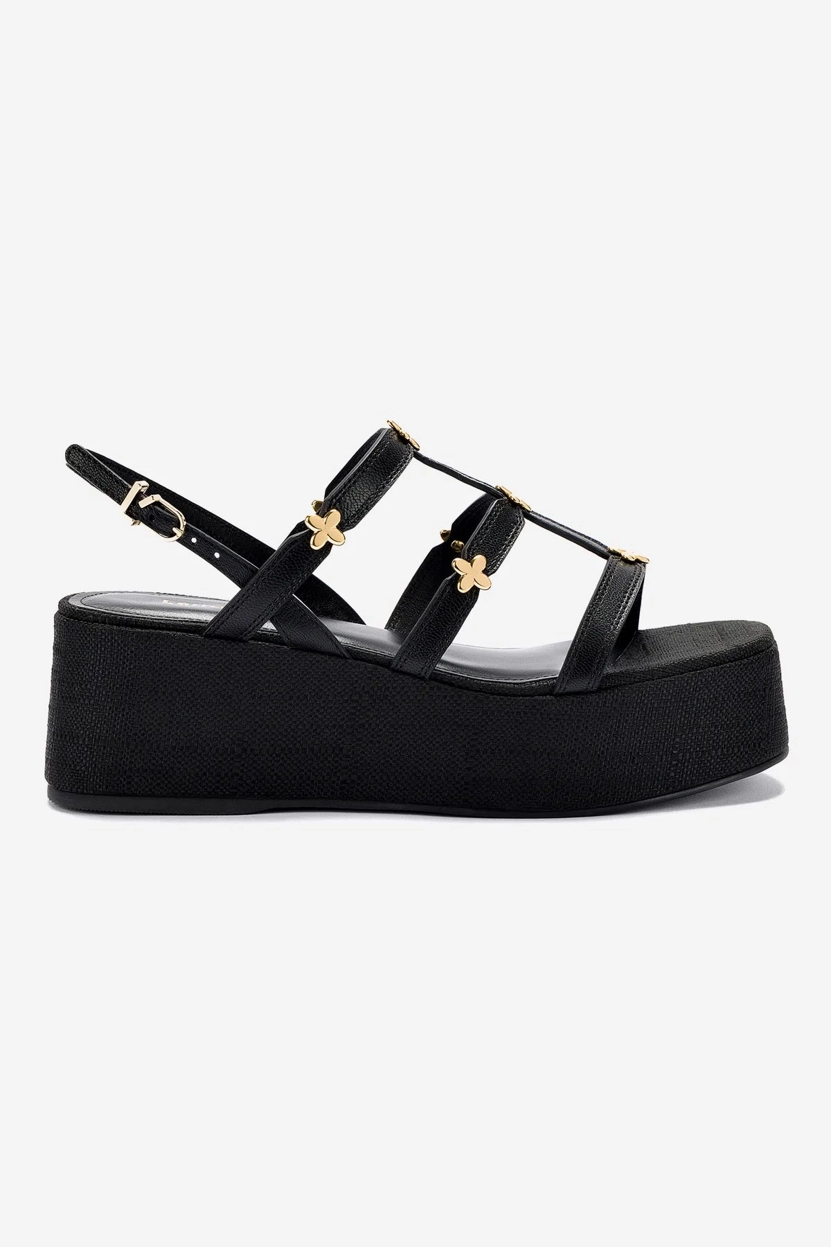 Block Walk Memory Foam Insert Harmony Flatform Sandal In Black Raffia