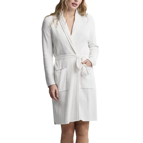 Barefoot Dreams CozyChic Ultra Lite Contrast Scallop Ribbed Robe in Pearl VersatileNeckline Layered Placket Design