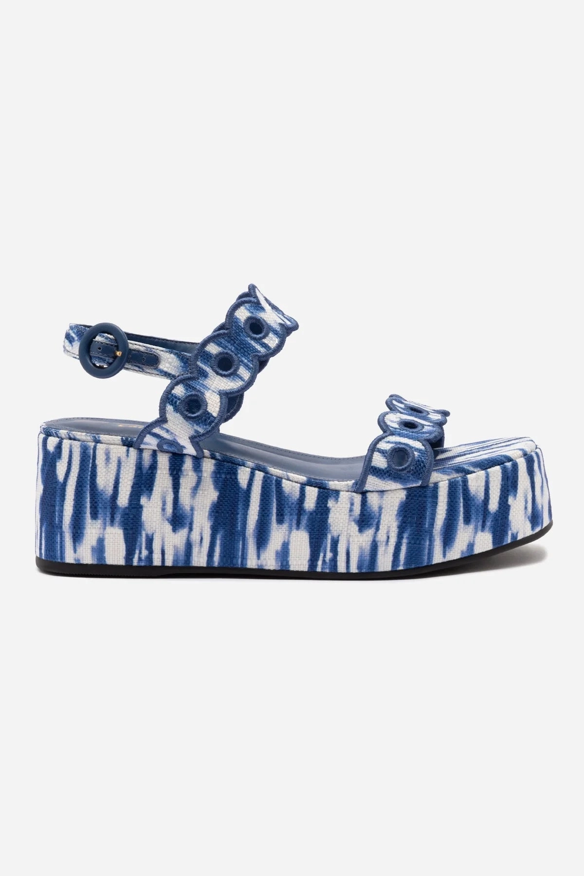 Anti Odor Gym Workout Florence Broderie Flatform Sandal In Tie Dye Blue Raffia