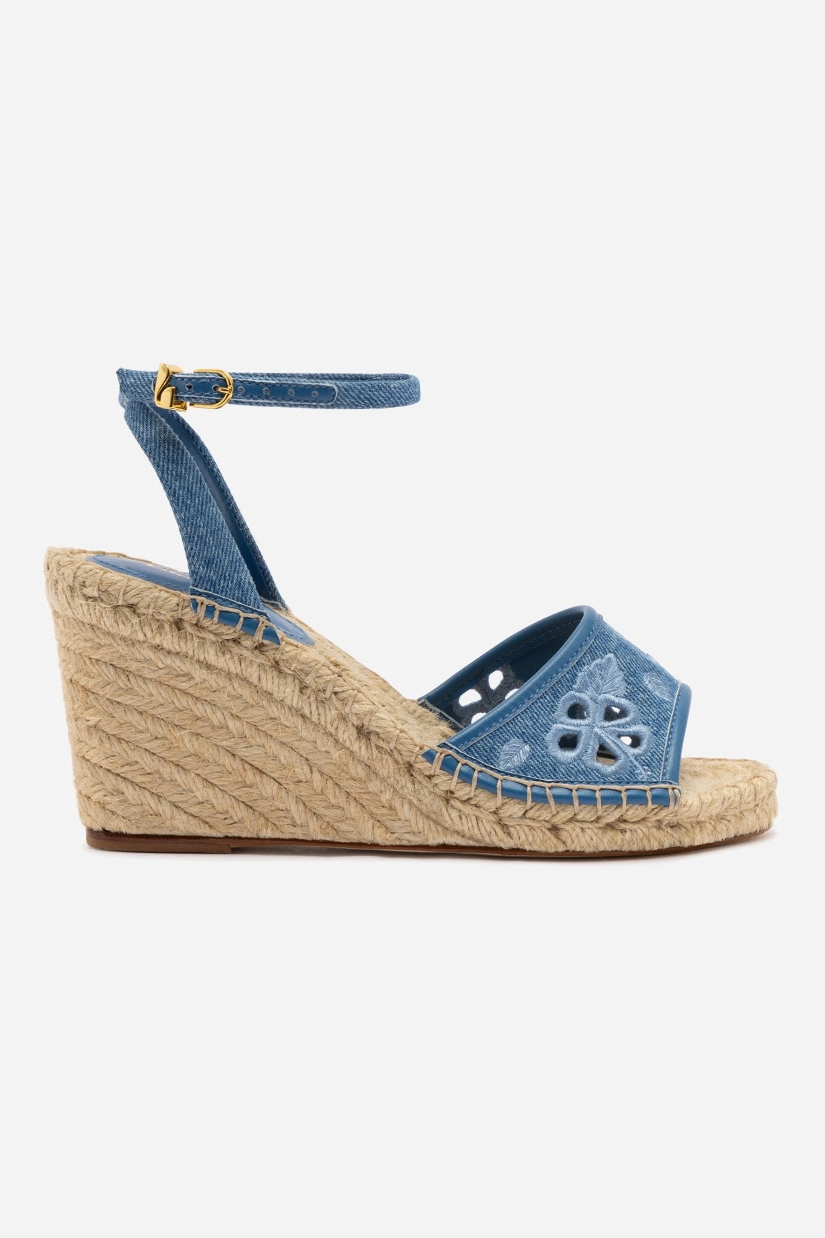 Reinforced Heel Cup Letizia Espadrille Wedge In Blue Stoned Denim and Hibiscus Broderie