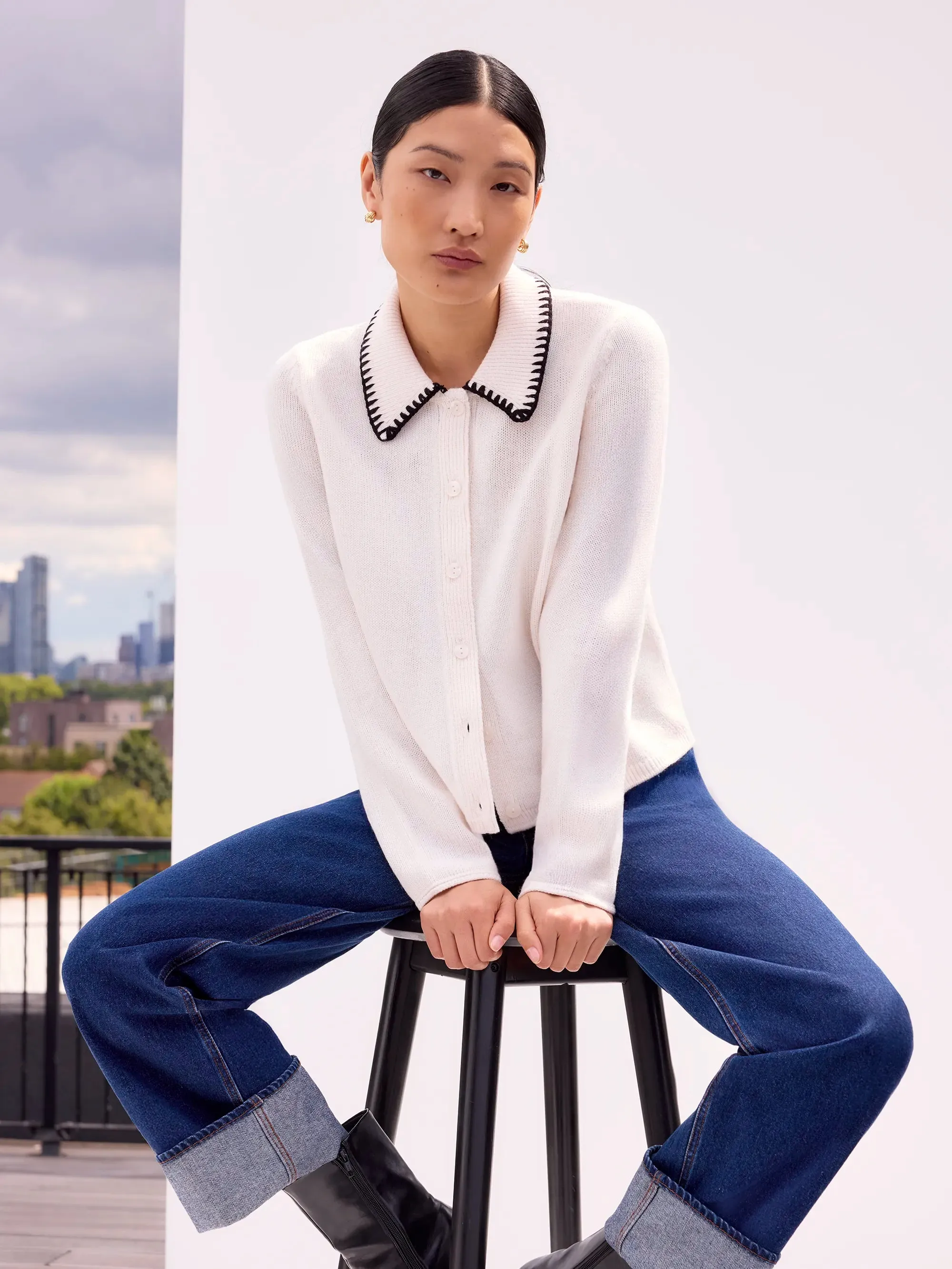 Ivory Contrast-Stitch Collared Cardigan with Wool Recycled Material Blend Asymmetrical hem