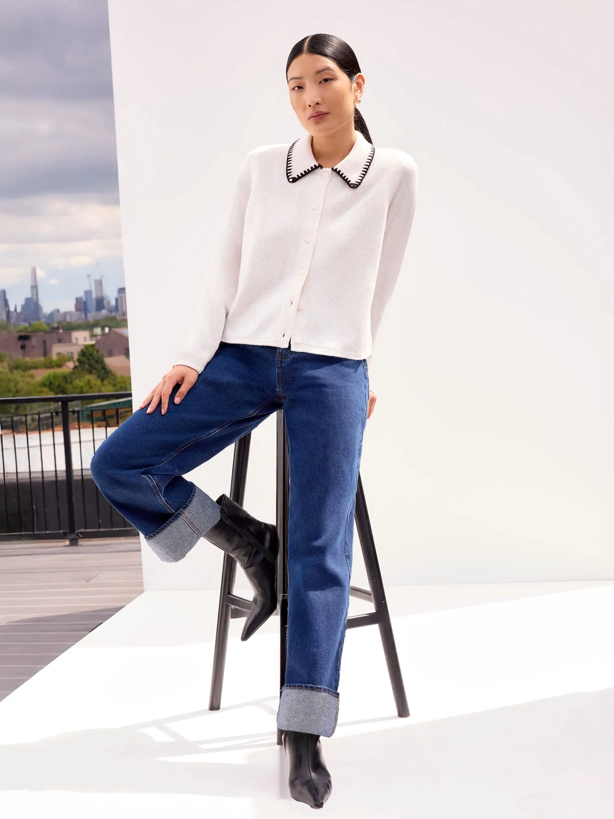 Ivory Contrast-Stitch Collared Cardigan with Wool NonIrritating Stitching