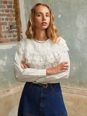 Antibacterial Fabric Ivory Crochet Double Frill Blouse