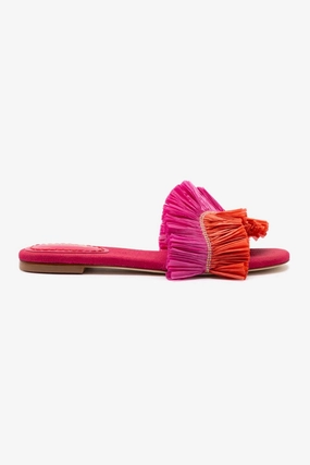 All Day Comfort Ivy Fringe Flat In Pink and Orange Raffia