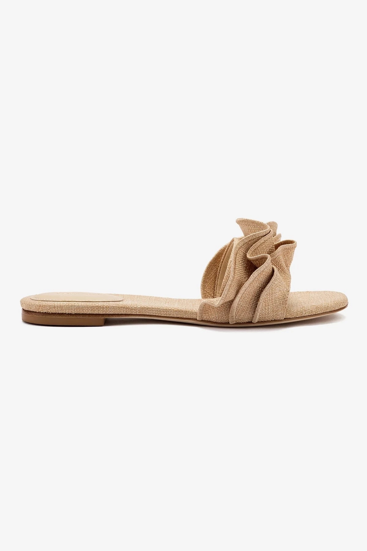 Feather Light Cold Weather Ivy Ruffle Flat Mule In Beige Raffia
