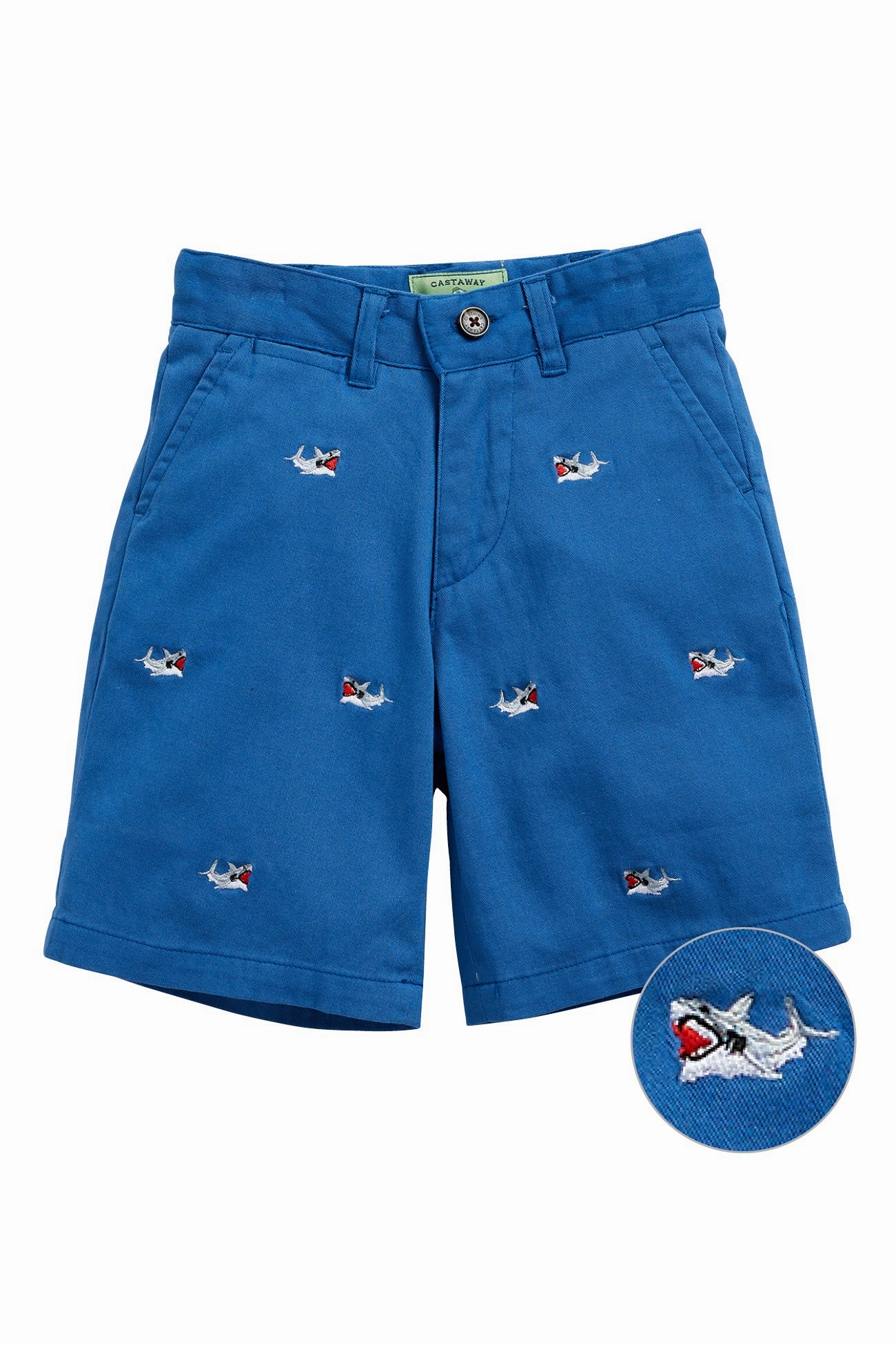 Water resistant coating Jetties Short Stretch Twill Deep Ocean Blue with Great White Shark