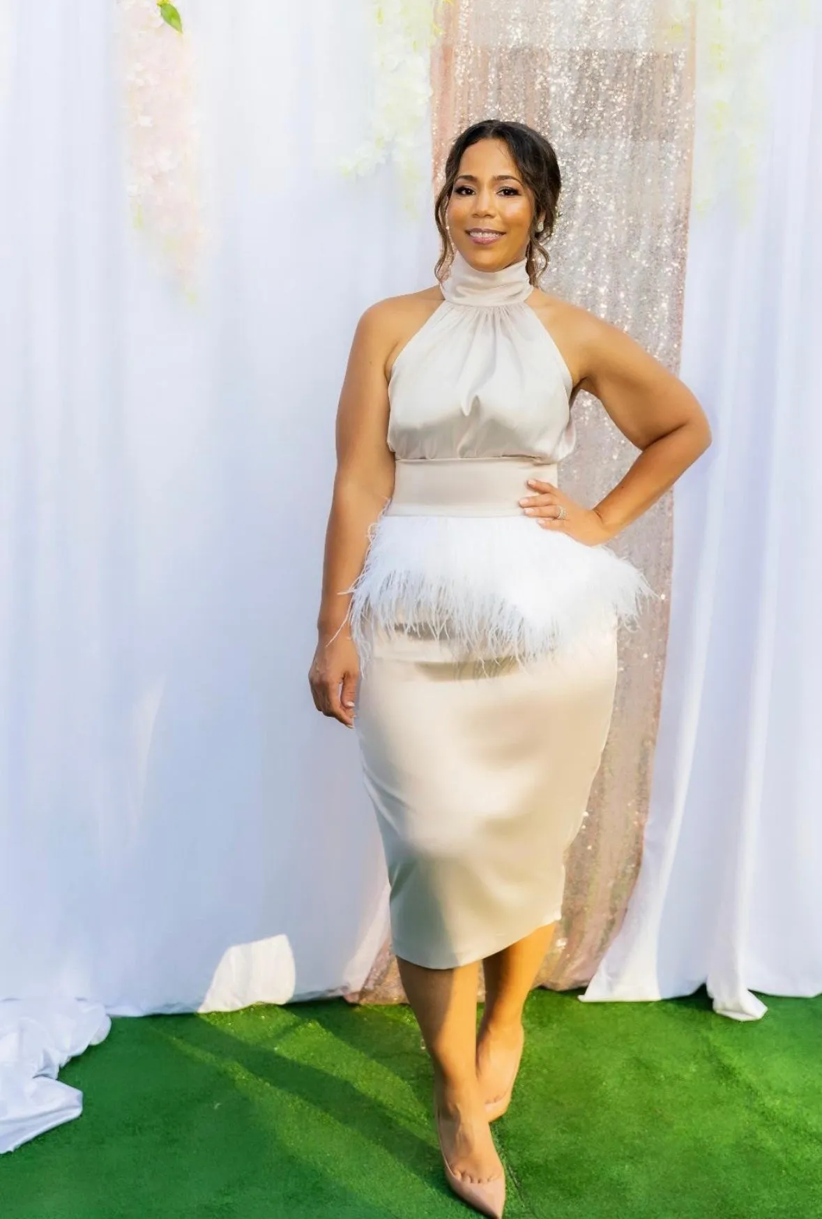 Jibri Satin Bridal Set w/ Feather Peplum Belt (3 pieces) (Pink Champagne/Pictured) Daily Wear Erasable Surface Coating