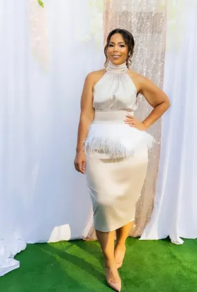 Weighted Hem Antimicrobial Treatment Jibri Satin Bridal Set w/ Feather Peplum Belt (3 pieces) (Pink Champagne/Pictured)