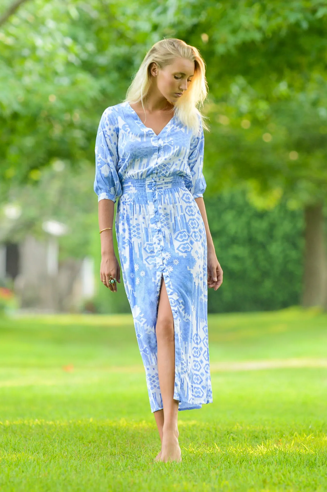 Kelsey Dress / Periwinkle Ikat Drape Wave Long Lines
