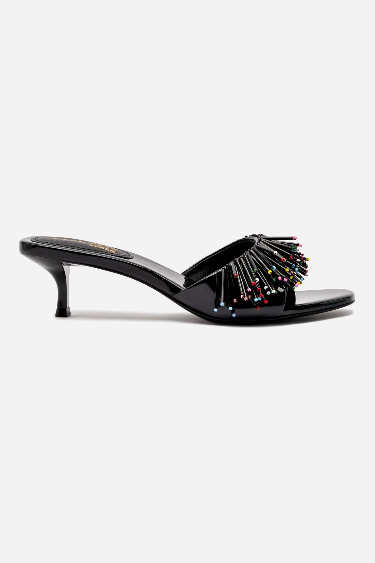 Larroud x Jonathan Cohen Fringe Greta Mule In Black Patent Leather Vintage Love All Day Travel Light