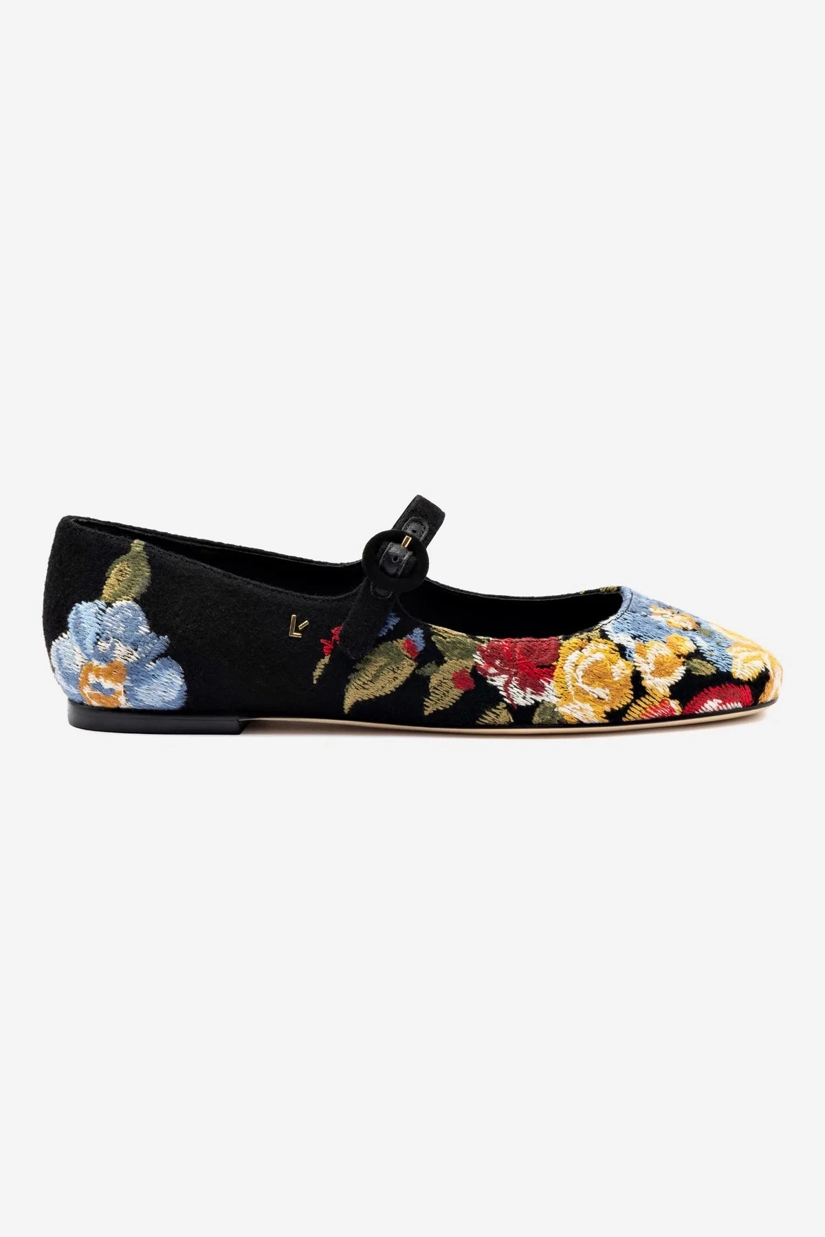 Lift Up Larroud x Markarian Flat In Black Wool and Floral Embroidery