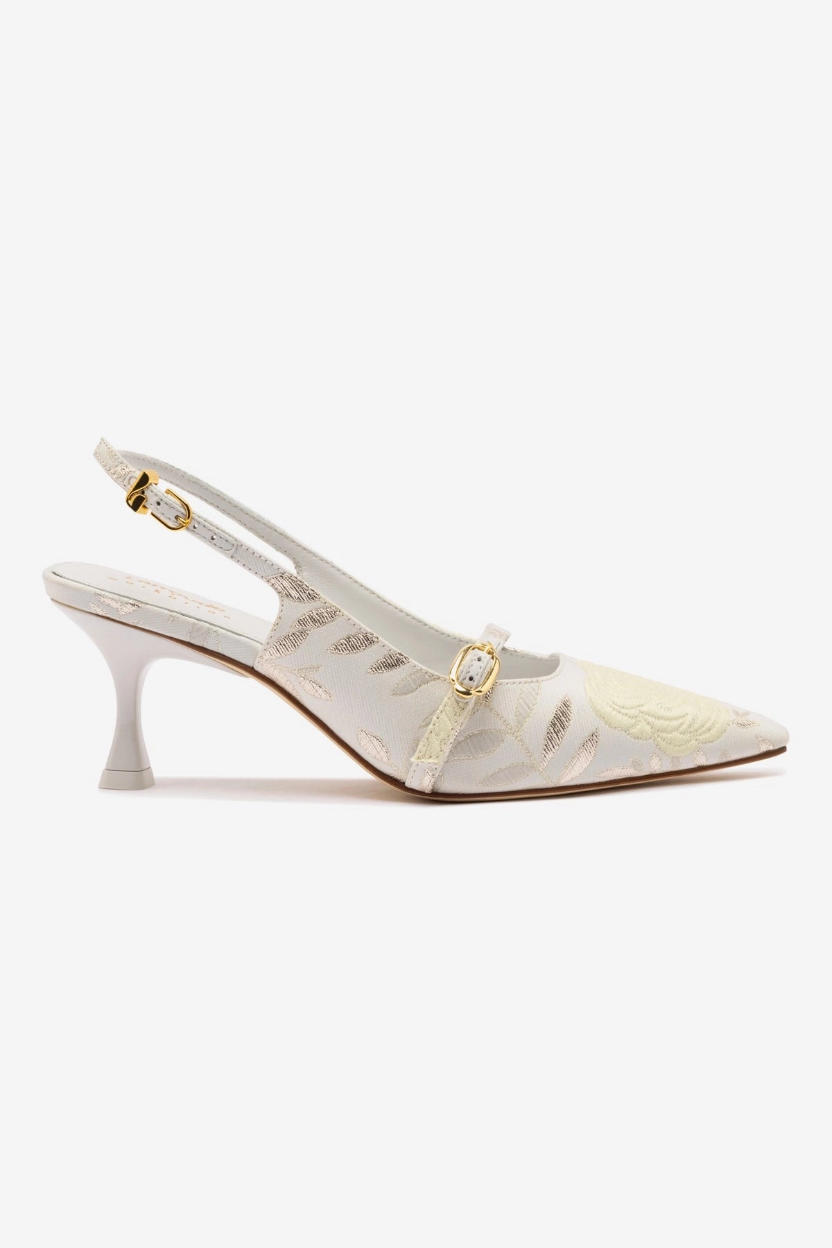 Larroud x Markarian Ines Pump In Yvette Ivory Brocade Sea Breeze Supportive structure