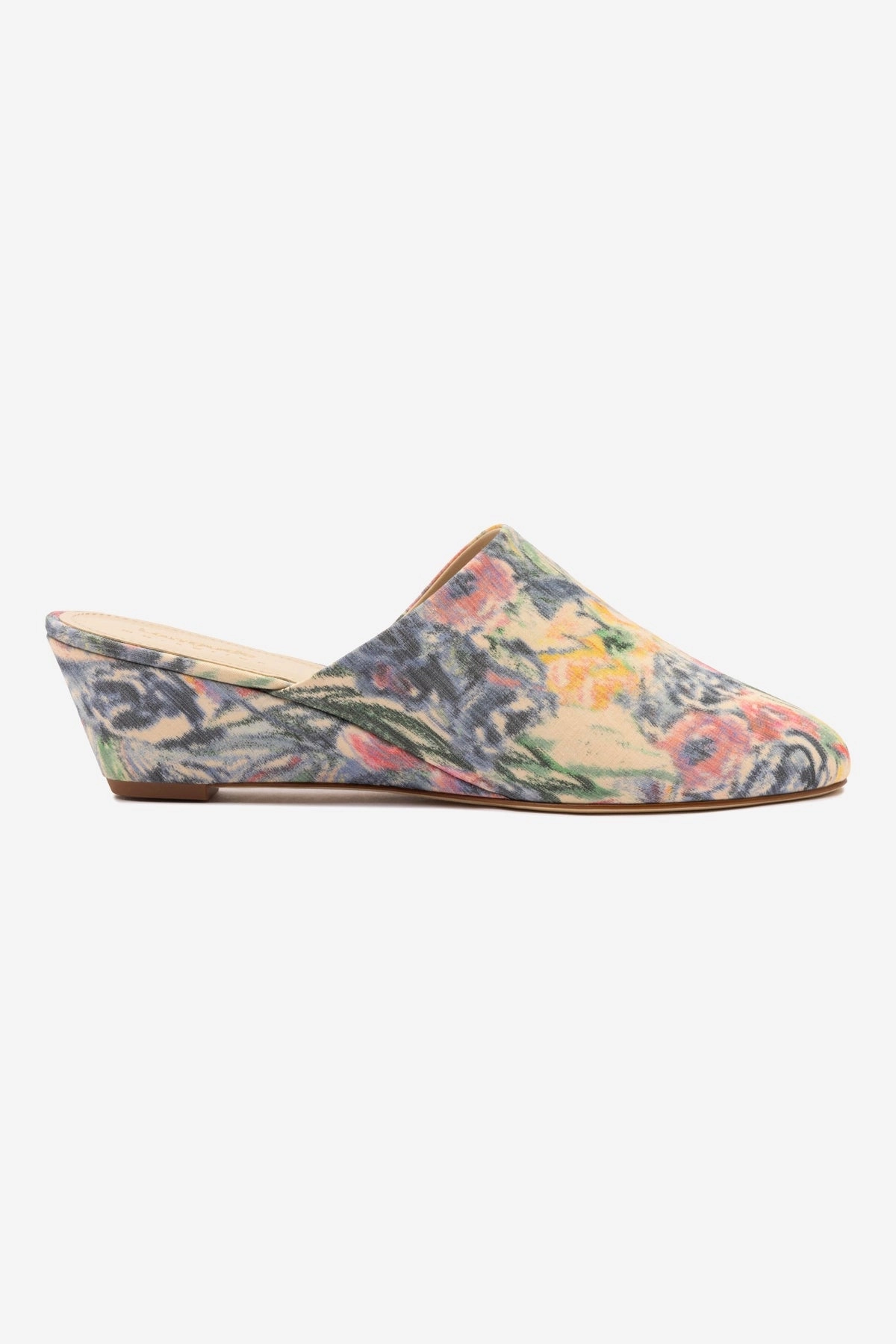Larroud x Markarian Venice Wedge In Ash Blue Floral Demetra Handcrafted Detailing