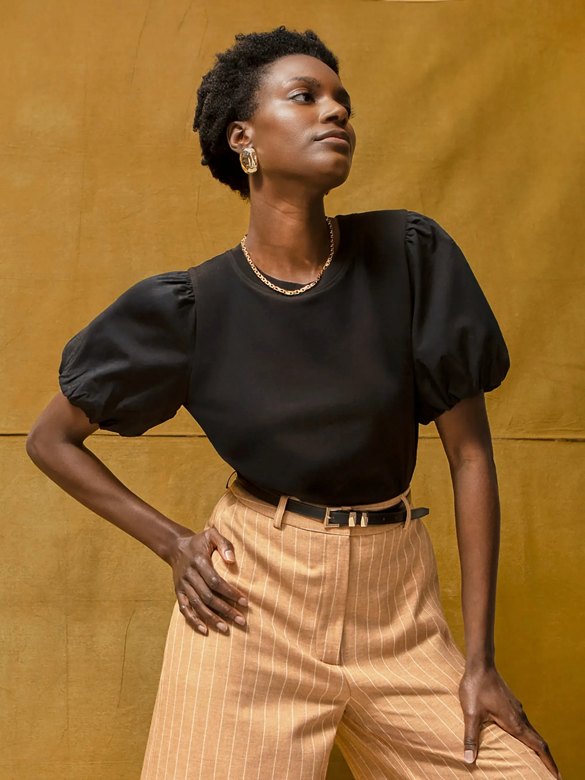 OrganicCottonBlend Black Pure Cotton Puff Sleeve T-Shirt