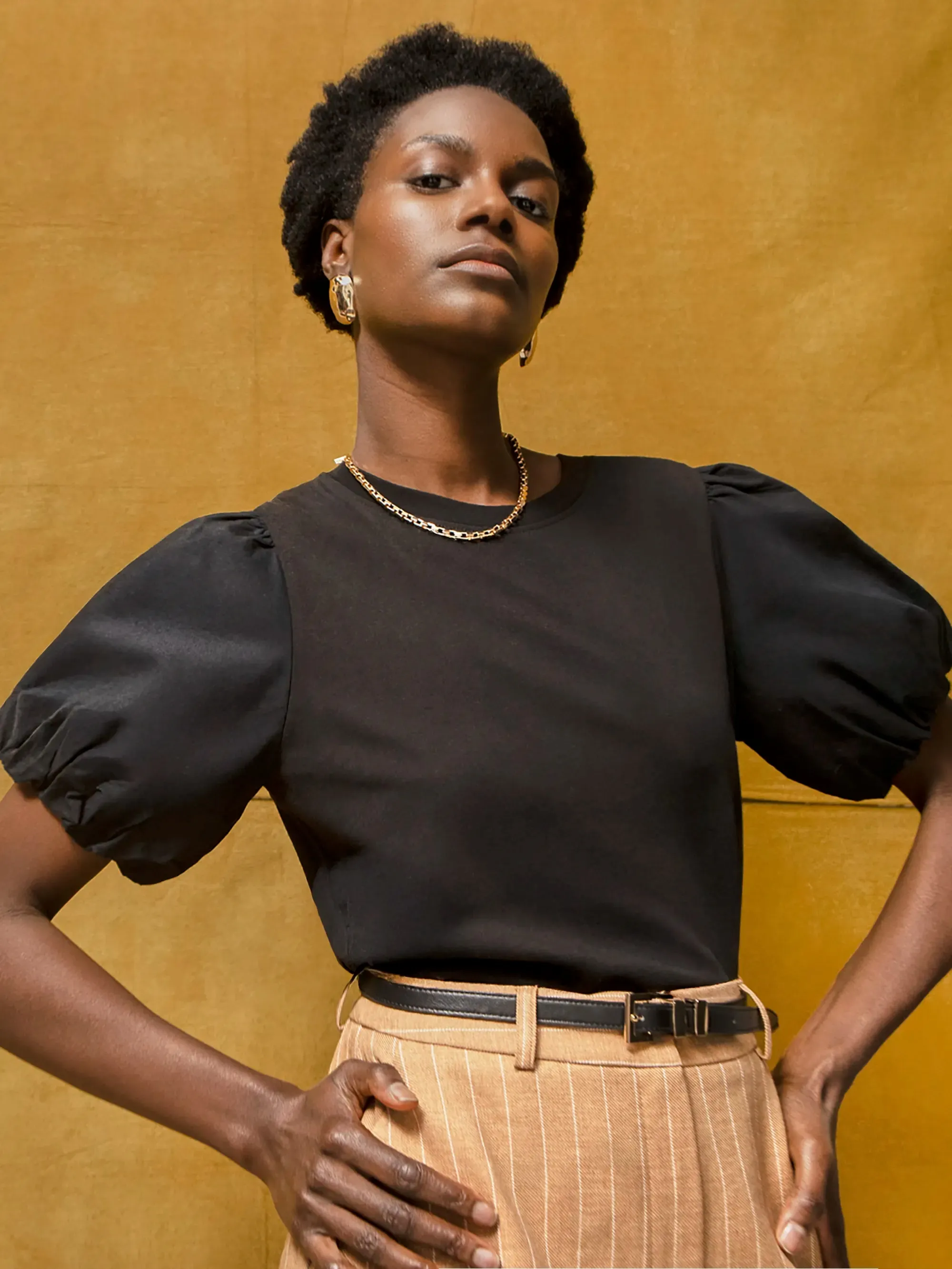 Black Pure Cotton Puff Sleeve T-Shirt Casual Tee