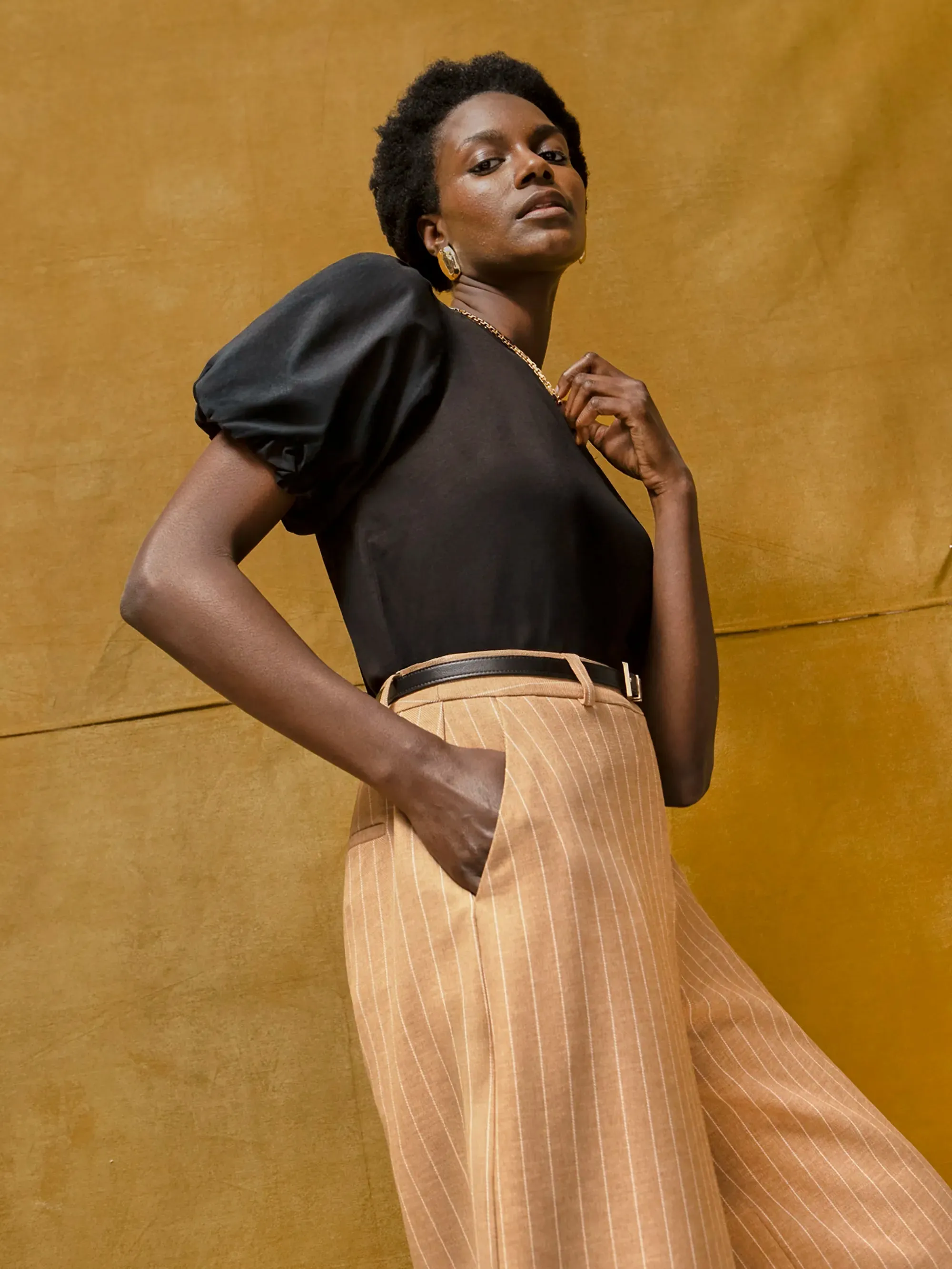 RibbedTrim Black Pure Cotton Puff Sleeve T-Shirt