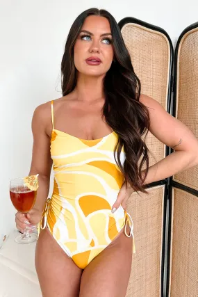 Abrasion Resistant Seams Strappy-Details Golden Getaway Drawstring Side One Piece Swimsuit (Yellow Print)