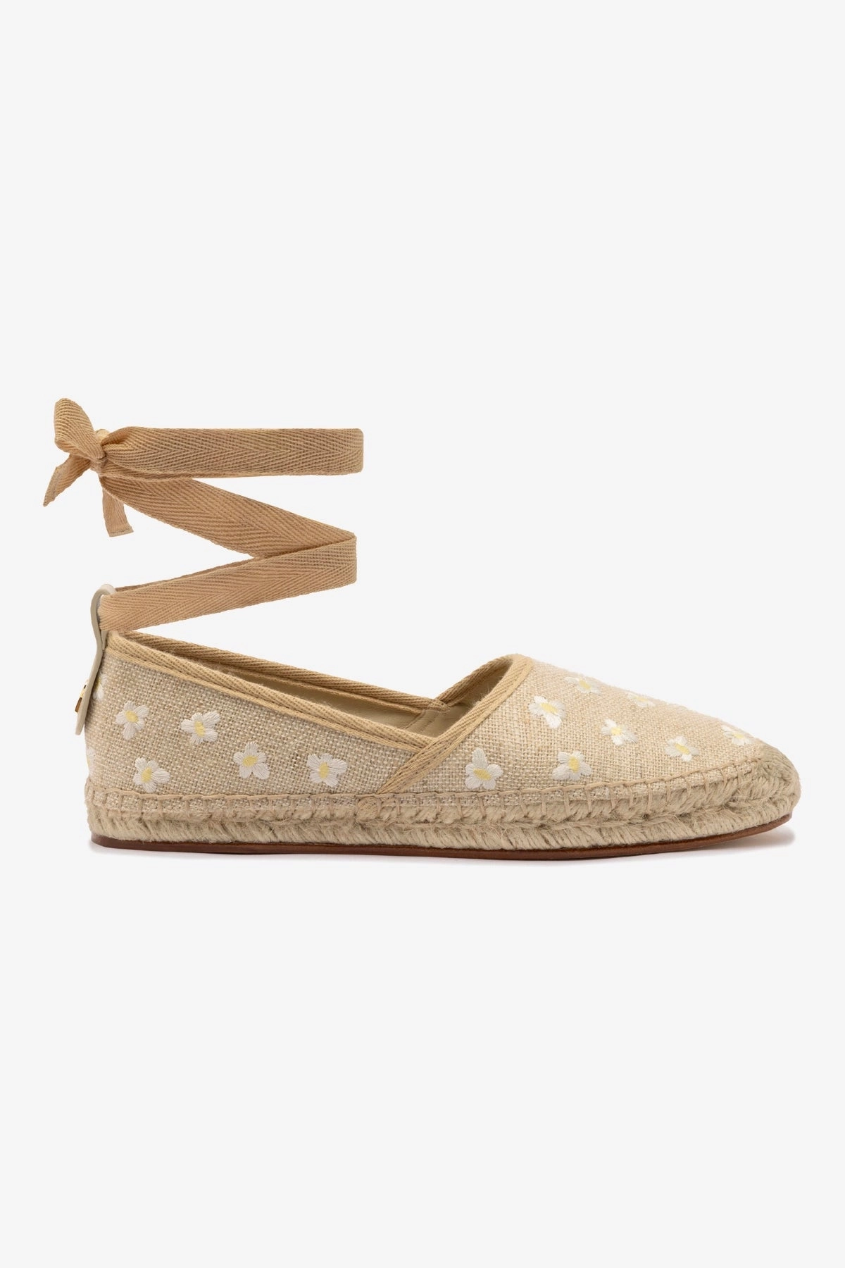 Letizia Espadrille Flat In Raw Linen and Daisy Embroidery Cushioning Pods