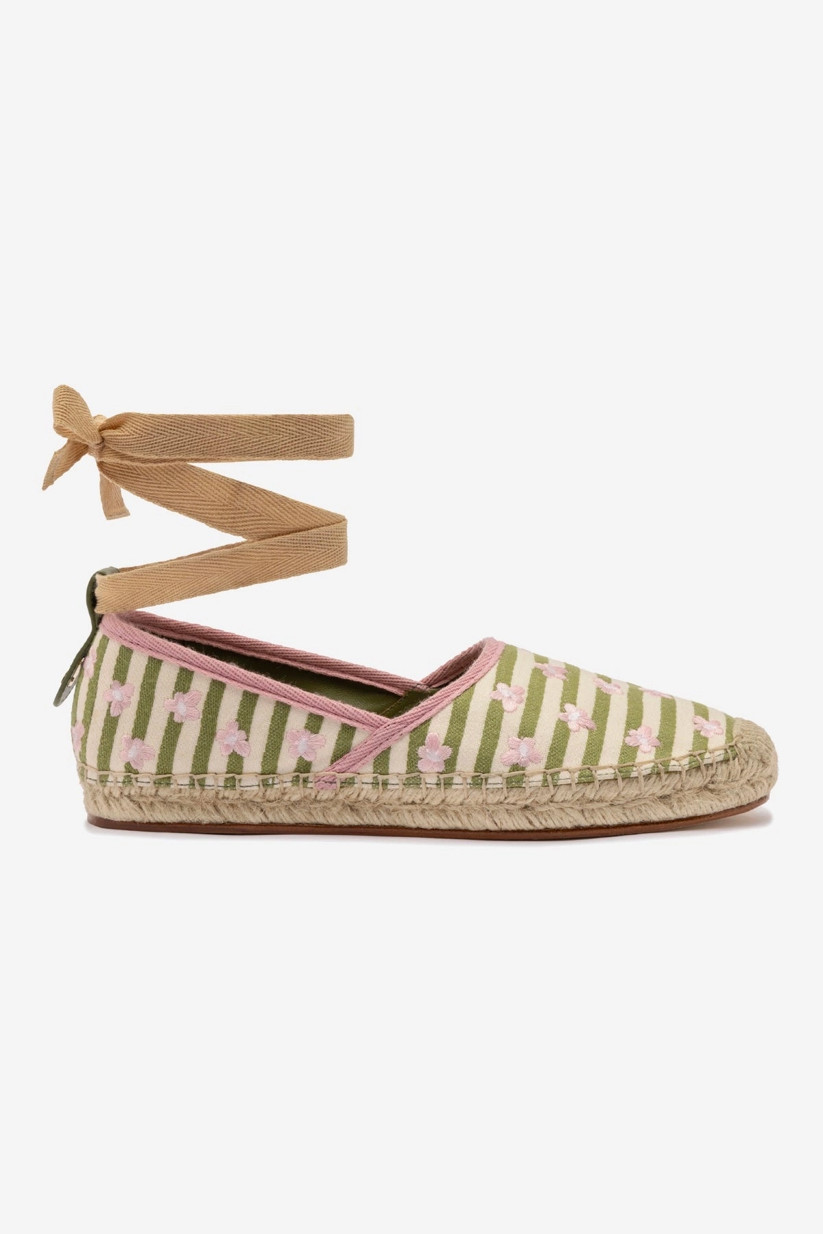 Letizia Espadrille Flat In Seaweed and Natural Striped Fabric and Daisy Embroidery Responsive Cushion Fitness Lovers