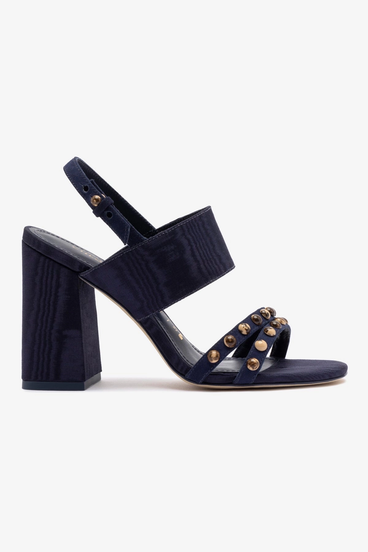 Slip Resistant Outdoor Explorers Wide fit Chloe Gosselin by Larroud Margot Sandal In Deep Navy Suede and Navy Satin