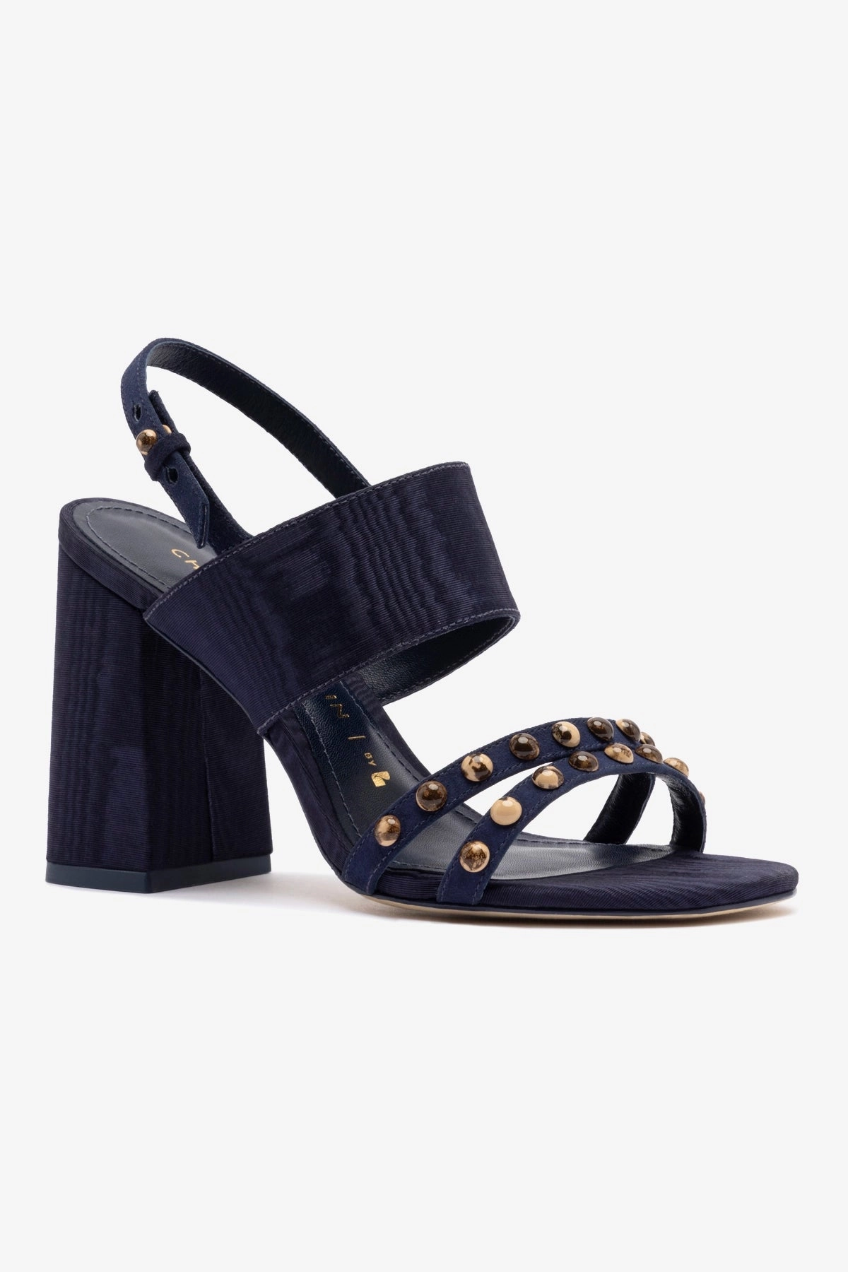 Flexible Fit Busy Professionals Chloe Gosselin by Larroud Margot Sandal In Deep Navy Suede and Navy Satin