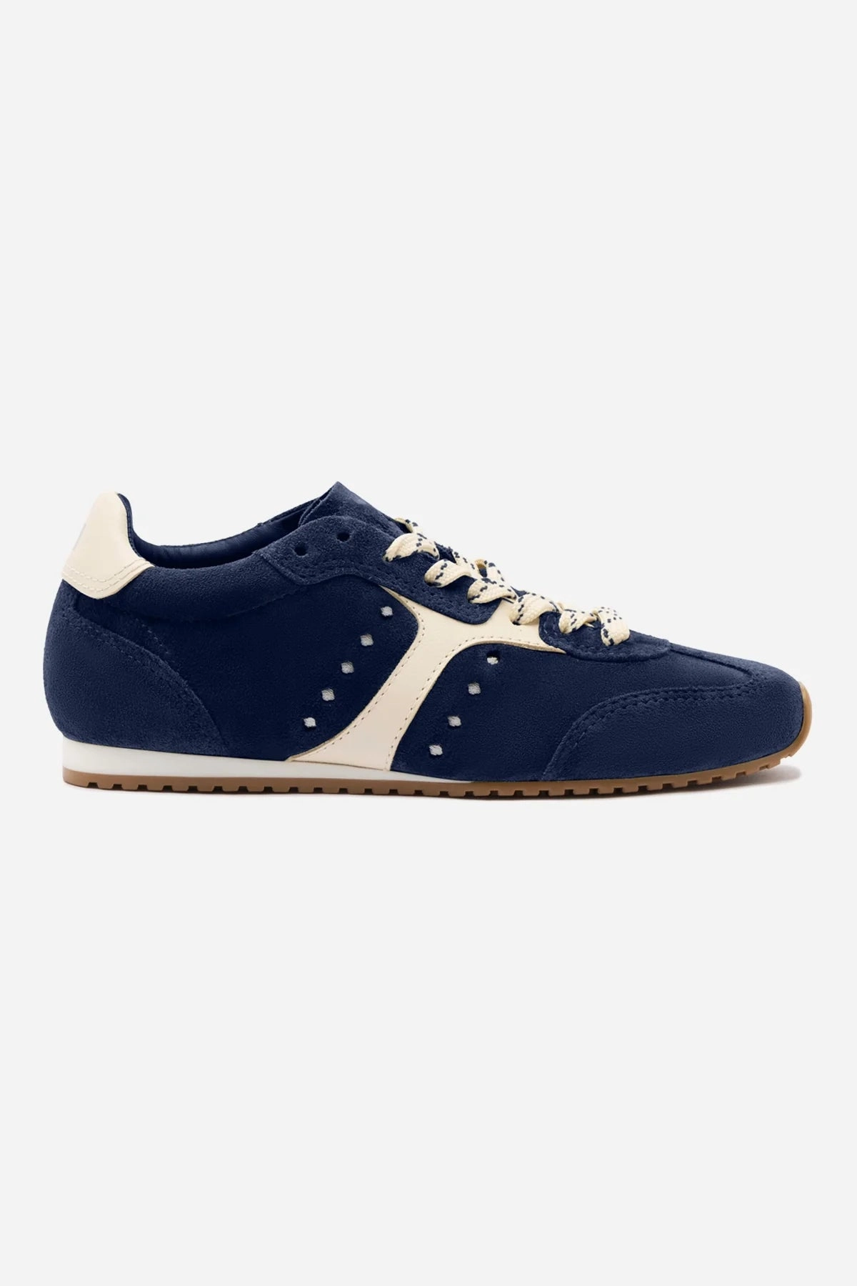 Vertical Flex Channel Stella Sneaker In Navy Suede and Ivory Leather
