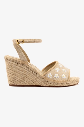 Roomy Toe Box Letizia Espadrille Wedge In Raw Linen and Daisy Embroidery