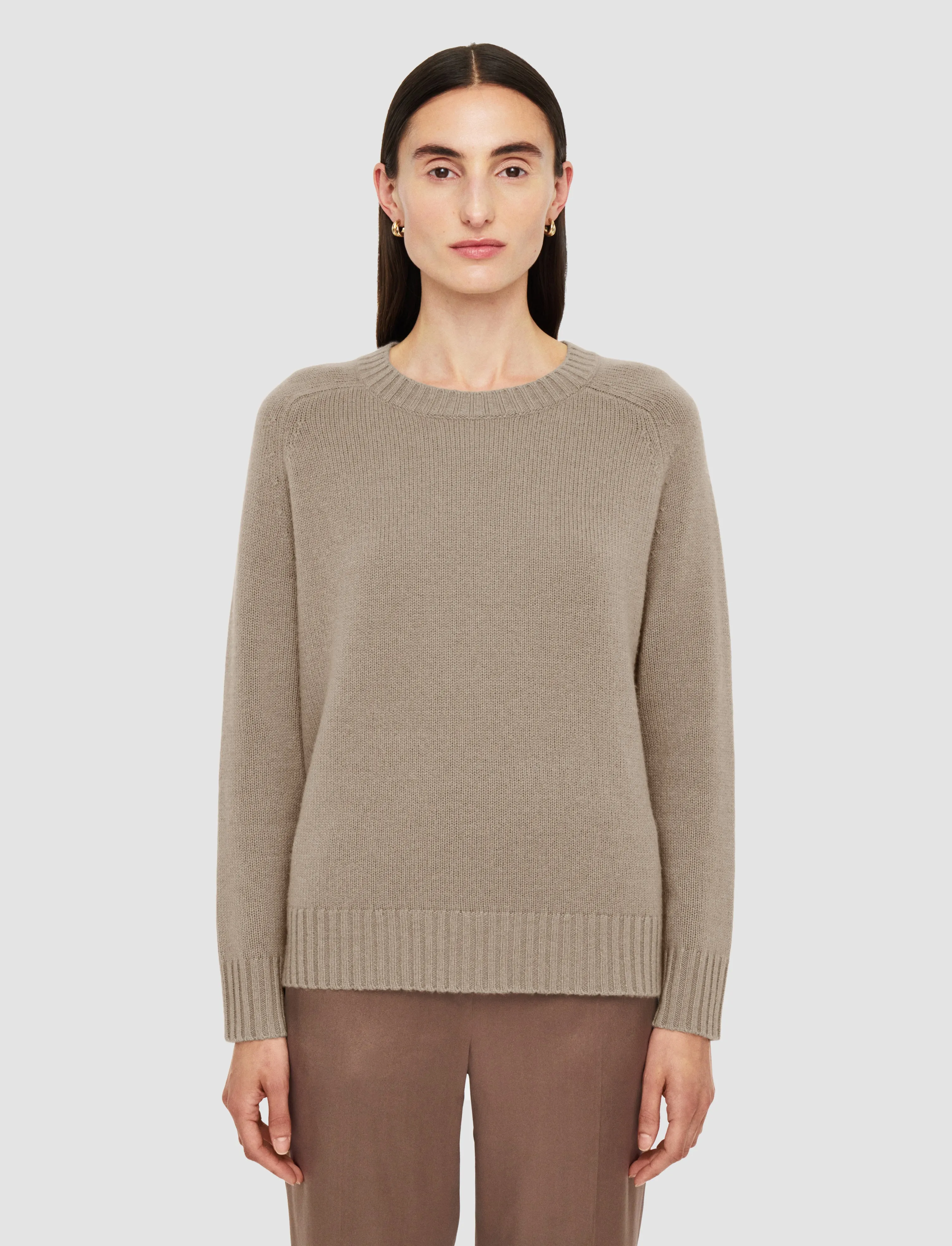 Ribbed Hemline Open Cashmere Round Neck Jumper
