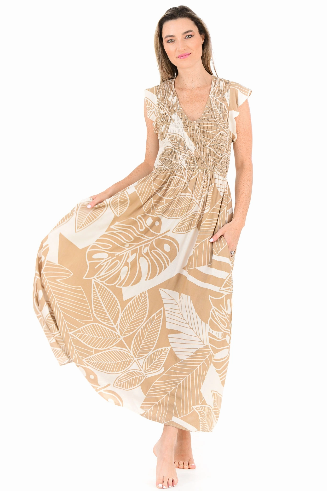 Flattering Style Draped Silhouette Malibu Dress / Natural Palm