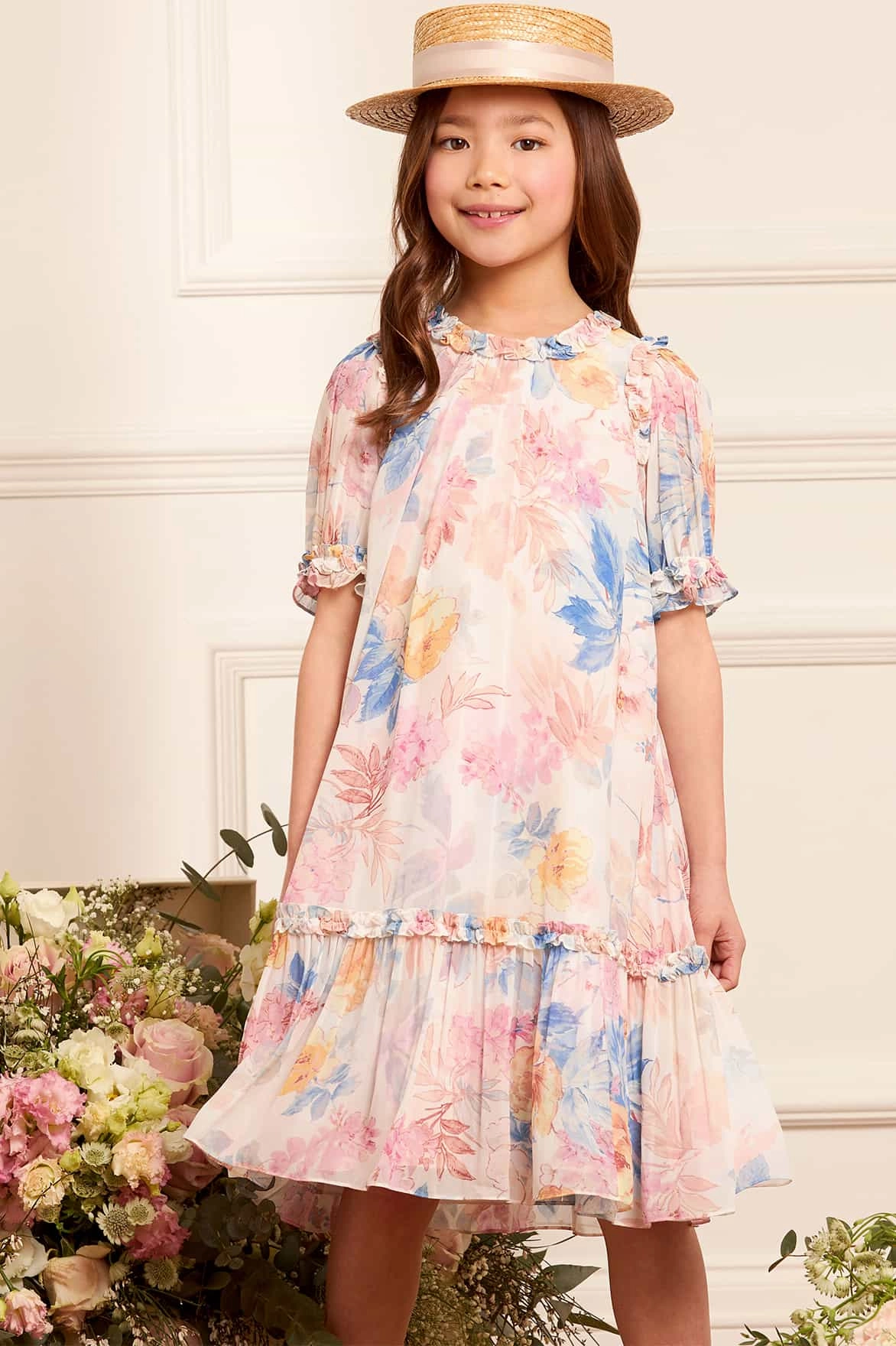 Mariannes Floral Chiffon Short Sleeve Kids Dress Basic Long Sleeve FeatherlightConstruction