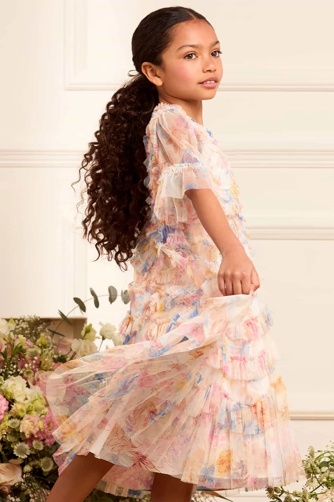 Mariannes Floral Scallop Ruffle Kids Dress Stretch Blouse