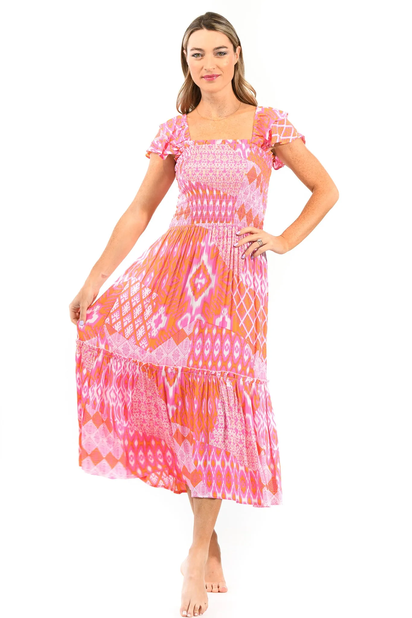 Stretchable Matilda Dress / Flamingo Ikat