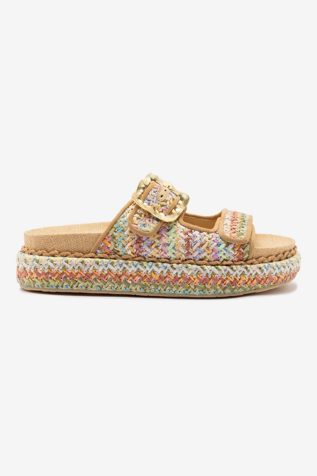 Maui Slide In Tapestry Rainbow Raffia and Beige Trimming Wide Base Stabilization Anti Fatigue Footbed