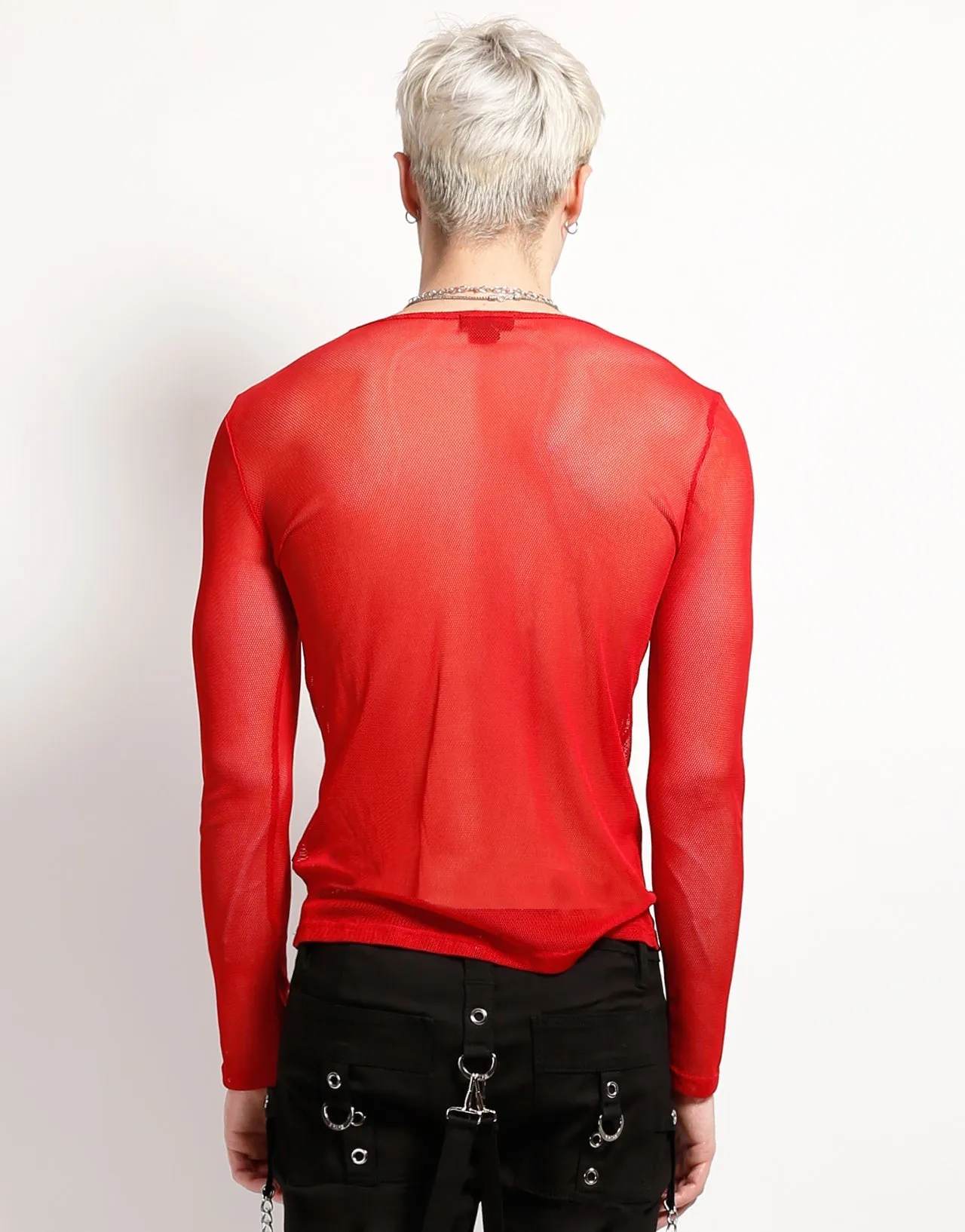 MENS LONG SLEEVE FISHNET RED Four Way Stretch Fabric